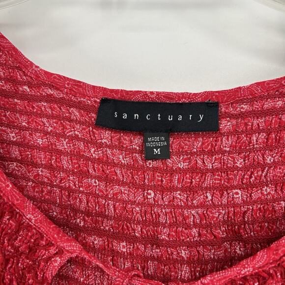 Sanctuary Boho Smocked Top Red Tie Neck Western Short Dolman Sleeves Size M - Picture 8 of 9